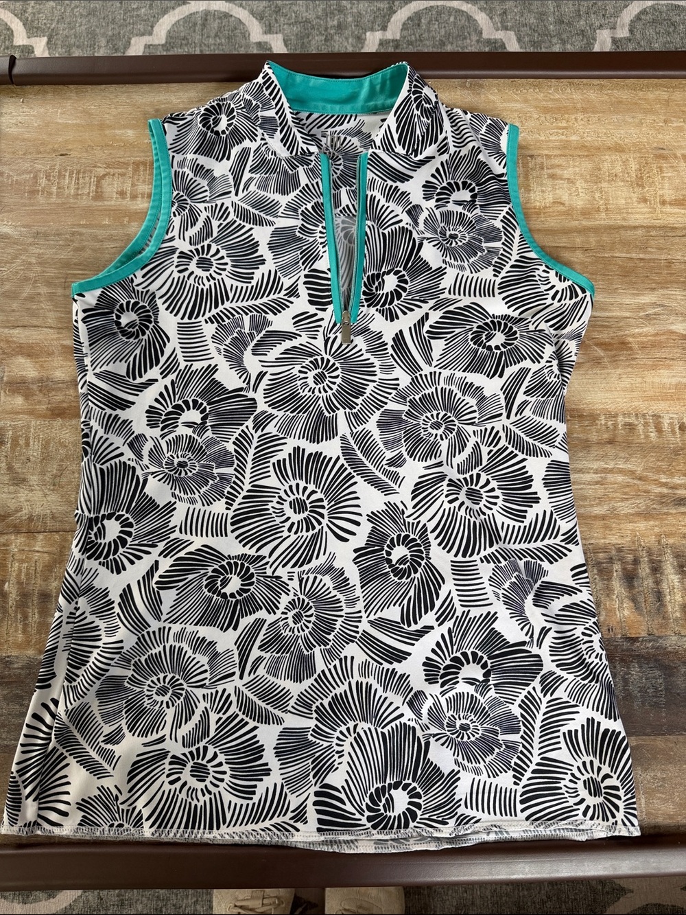 Tail Tessa Floral Zip Mock Neck Golf Top in Black & White with Aqua Trim + skirt - Picture 2 of 4